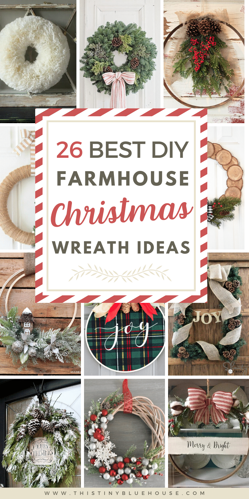 Get your front door holiday ready with one of the Farmhouse Christmas Wreath DIYs. Cheap and easy to make these wreaths make a stunning addition to your modern farmhouse home. #farmhousechristmaswreaths #DIYFarmhouseChristmasWreaths #DIYChristmasWreathsFarmhouse #EasyFarmhouseChristmasWreath