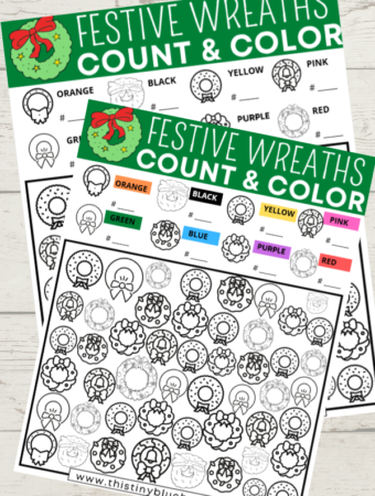 Practice coloring, counting and grouping with this FREE printable festive Christmas wreath I Spy activity for kids that encourages screen free play.