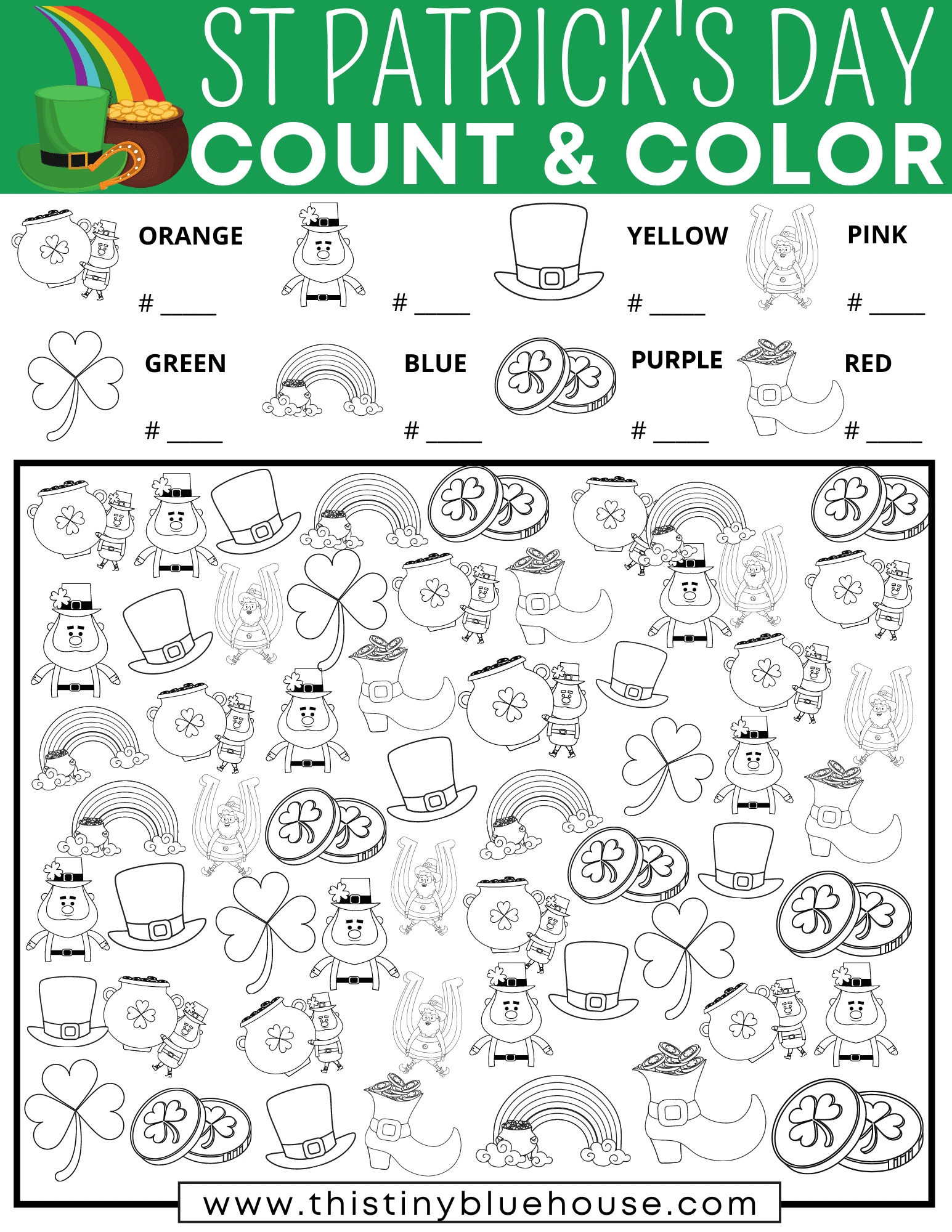 Encourage quiet time play with this FREE St Patricks Day I Spy Printable. This fun screen free activity focuses on counting, coloring & sorting skills.