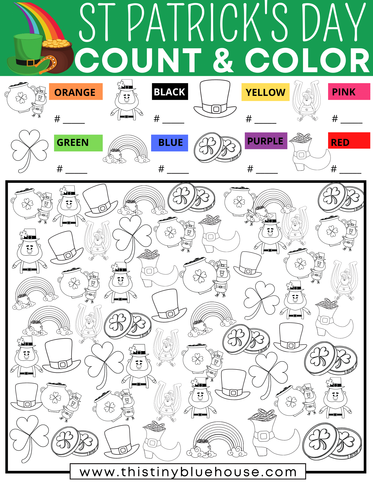 Encourage quiet time play with this FREE St Patricks Day I Spy Printable. This fun screen free activity focuses on counting, coloring & sorting skills.